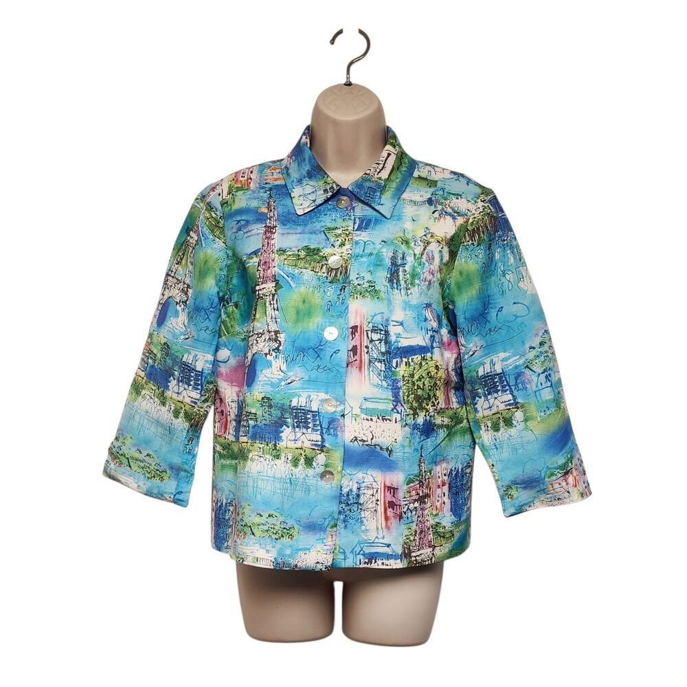 Coldwater Creek Vintage Paris Linen Blazer Jacket Multi Aqua/Pink Shirt Size SP